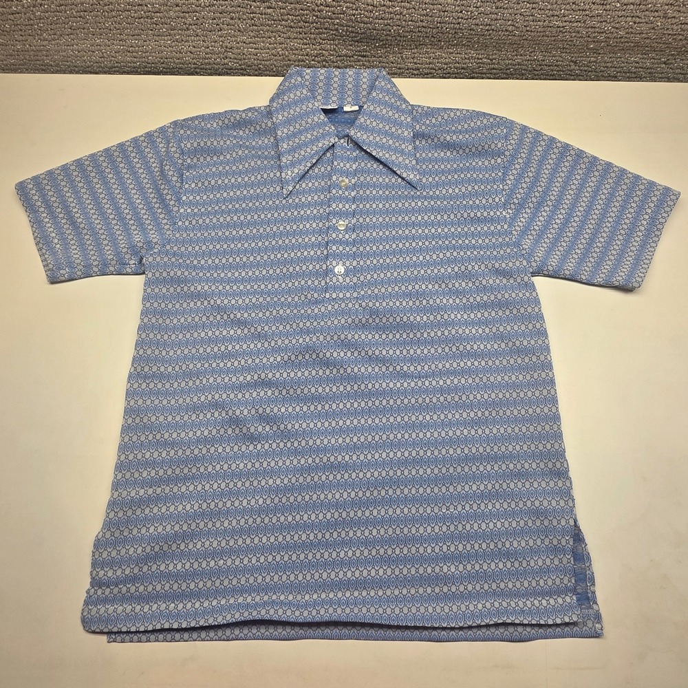 Vintage‎ Mr Wrangler Blue Geometric Knit Polo Shirt 70s Disco Collar Mens Medium
